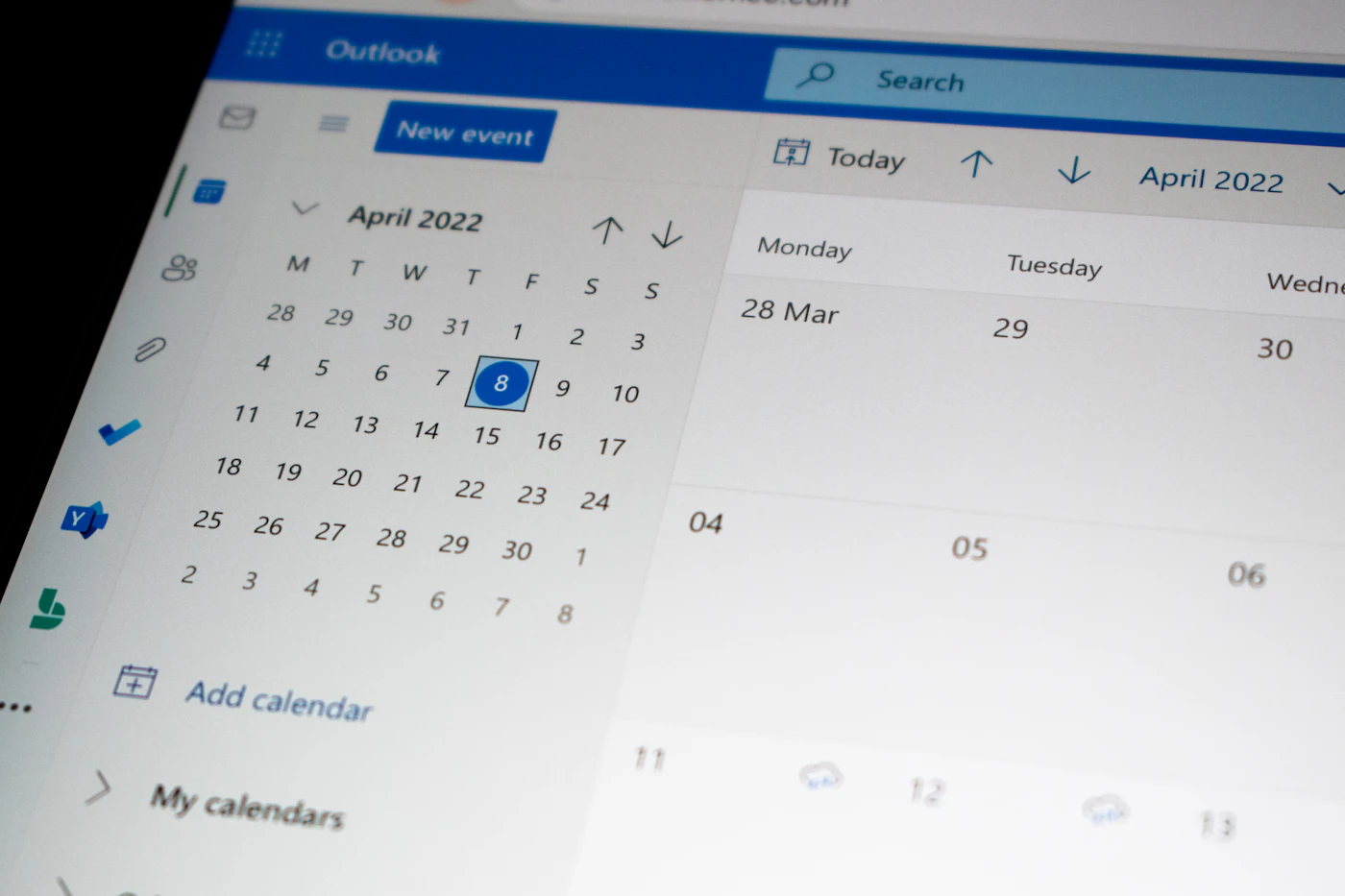 Business calendar and planning on a computer screen